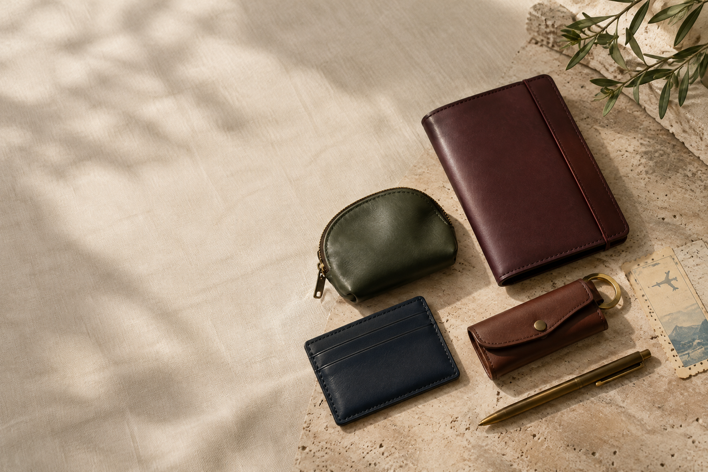 Unbranded travel accessories arranged on a warm stone surface